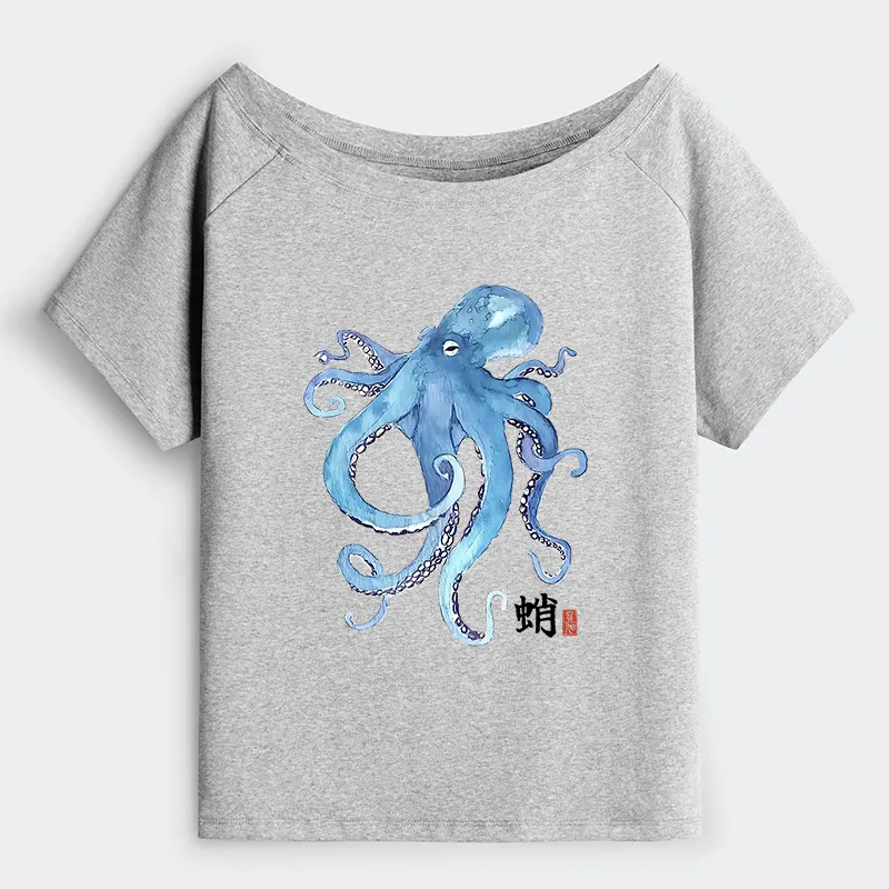 Tokyo-Tiger Watercolor Blue Octopus Off Shoulder T-Shirt
