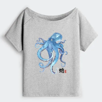 Tokyo-Tiger Watercolor Blue Octopus Off Shoulder T-Shirt