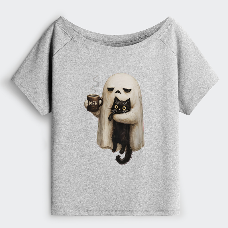 Tokyo-Tiger Ghost Cat Coffee Mood Off Shoulder T-Shirt