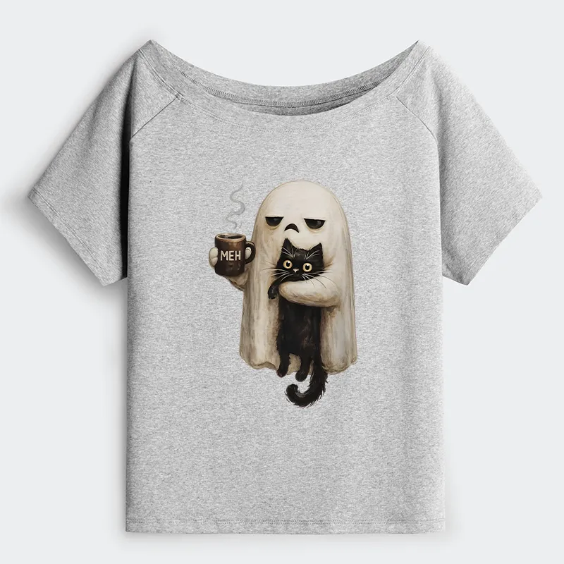 Tokyo-Tiger Ghost Cat Coffee Mood Off Shoulder T-Shirt