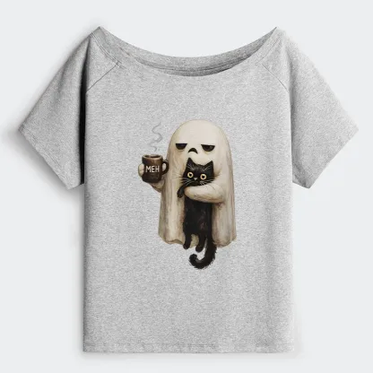 Tokyo-Tiger Ghost Cat Coffee Mood Off Shoulder T-Shirt