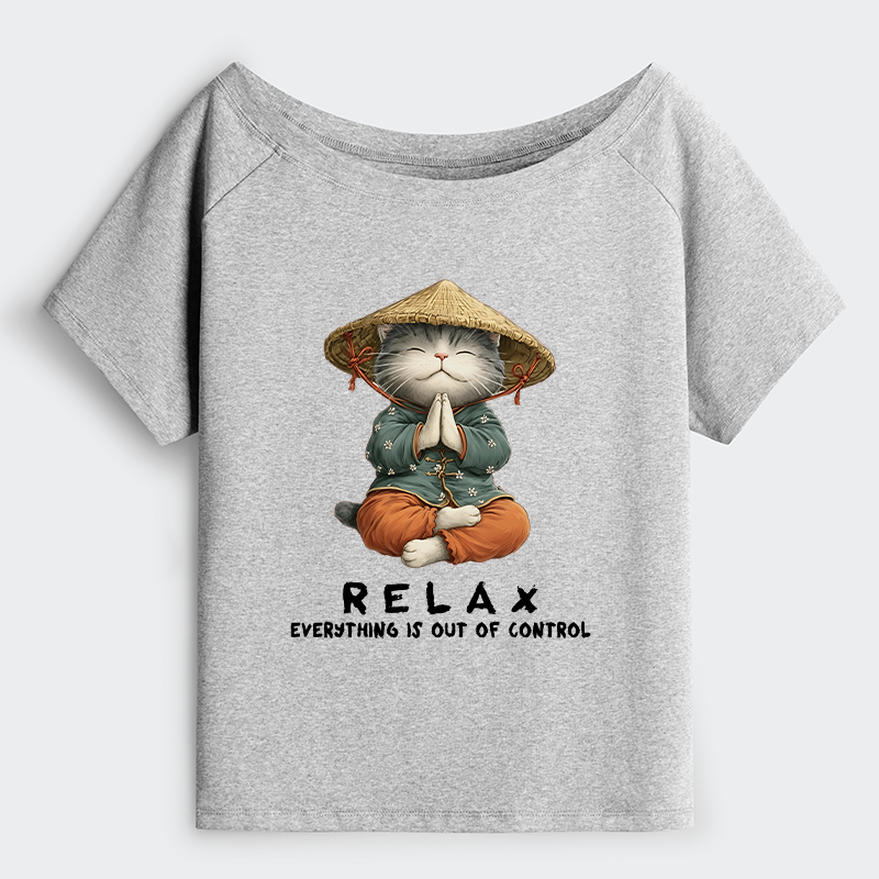 Tokyo-Tiger Zen Relax Cat Graphic Off Shoulder T-Shirt