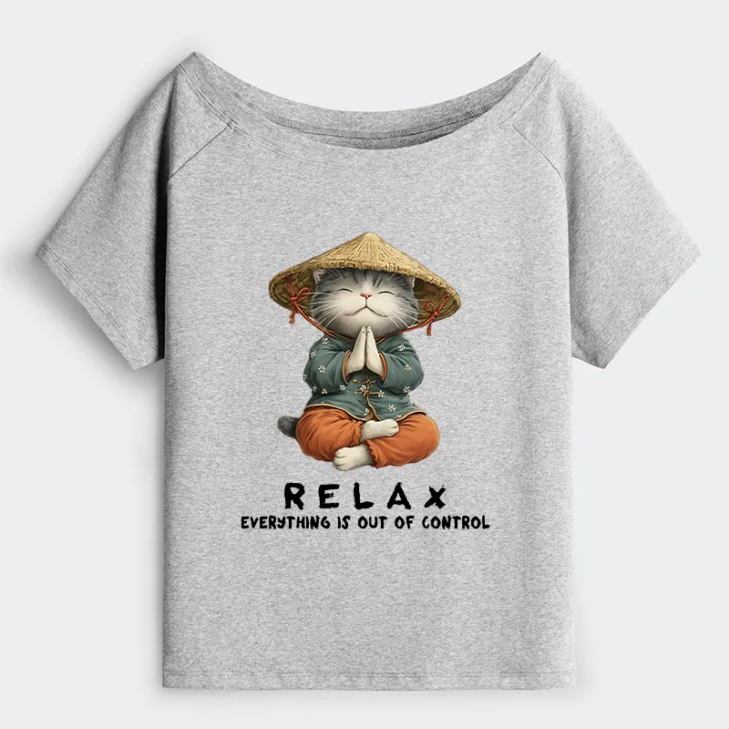 Tokyo-Tiger Zen Relax Cat Graphic Off Shoulder T-Shirt