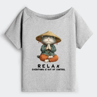 Tokyo-Tiger Zen Relax Cat Graphic Off Shoulder T-Shirt