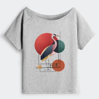 Tokyo-Tiger Geometric Crane Art Off Shoulder T-Shirt