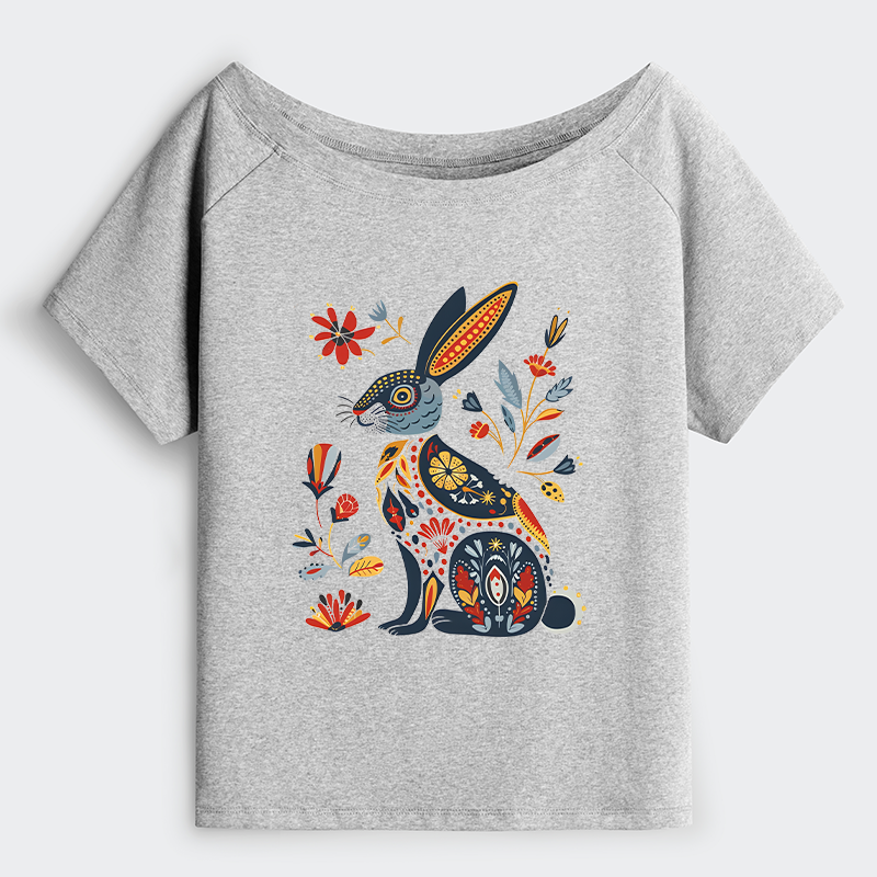 Tokyo-Tiger Folk Hare Bloom Off Shoulder T-Shirt