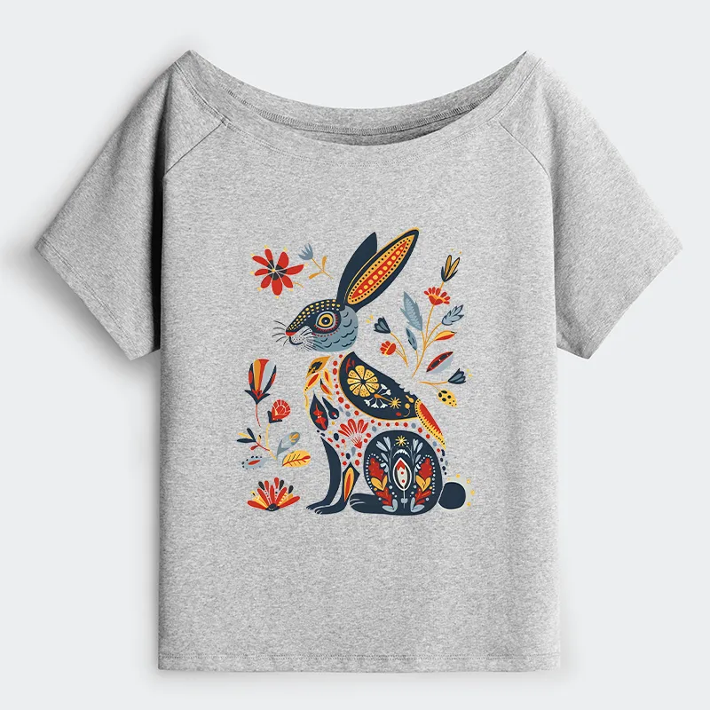Tokyo-Tiger Folk Hare Bloom Off Shoulder T-Shirt Sale