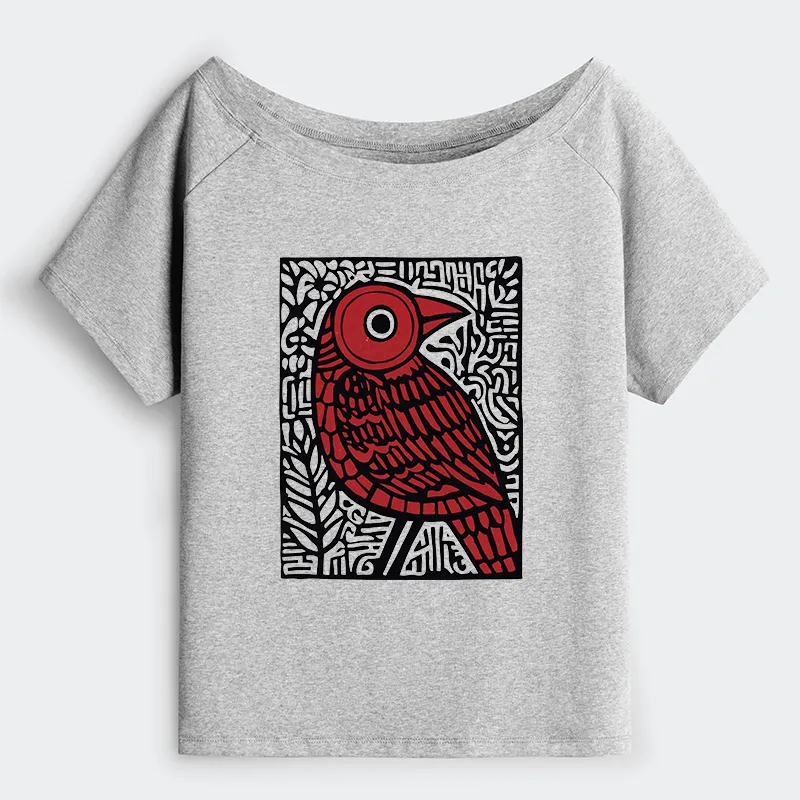Tokyo-Tiger Retro Woodblock Bird Off Shoulder T-Shirt Sale