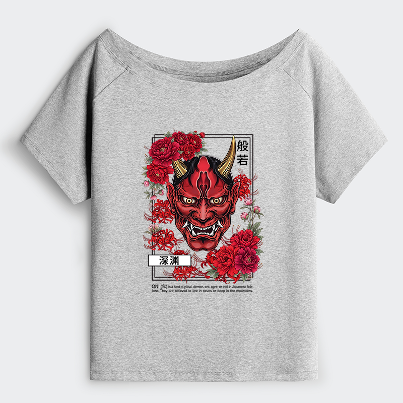 Tokyo-Tiger Cool Oni Floral Art Off Shoulder T-Shirt