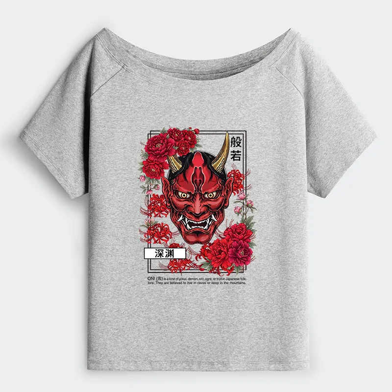 Tokyo-Tiger Cool Oni Floral Art Off Shoulder T-Shirt Sale