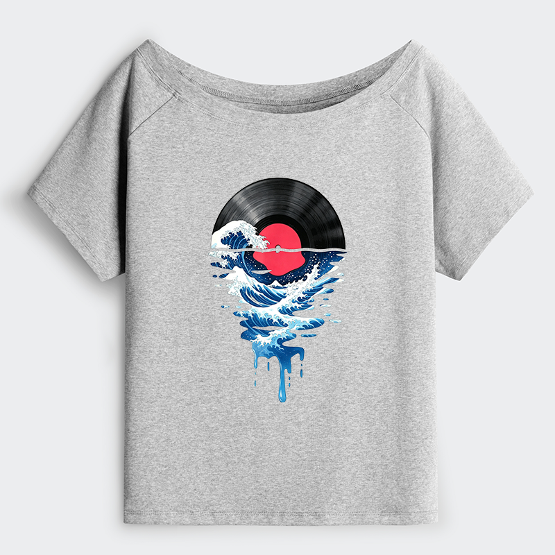 Tokyo-Tiger Vinyl Records And Waves Off Shoulder T-Shirt