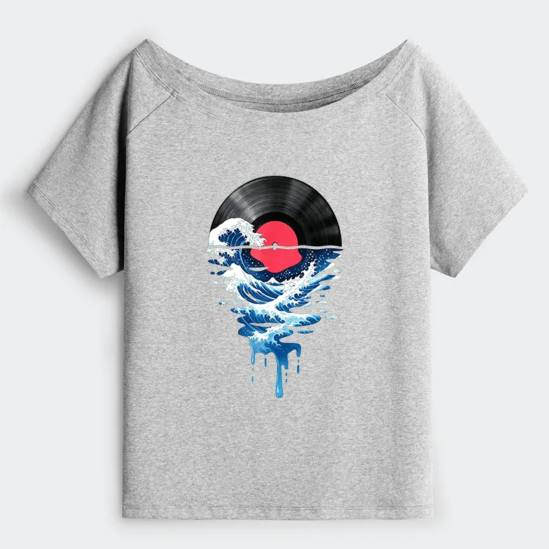 Tokyo-Tiger Vinyl Records And Waves Off Shoulder T-Shirt Sale