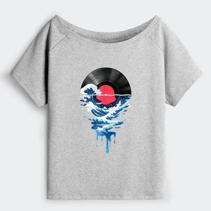 Tokyo-Tiger Vinyl Records And Waves Off Shoulder T-Shirt
