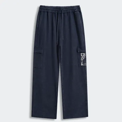 Tokyo-Tiger Folk Paper Cut Cat Bird Floral Art Washed Utility Sweatpants