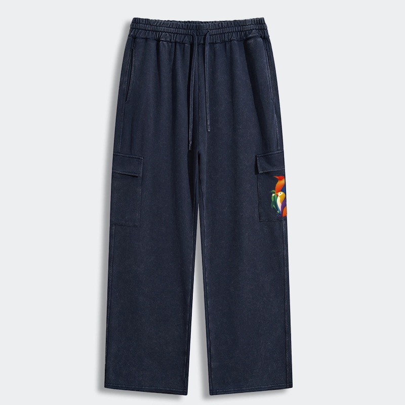 Tokyo-Tiger Cute Multi Tone Penguins Washed Utility Sweatpants