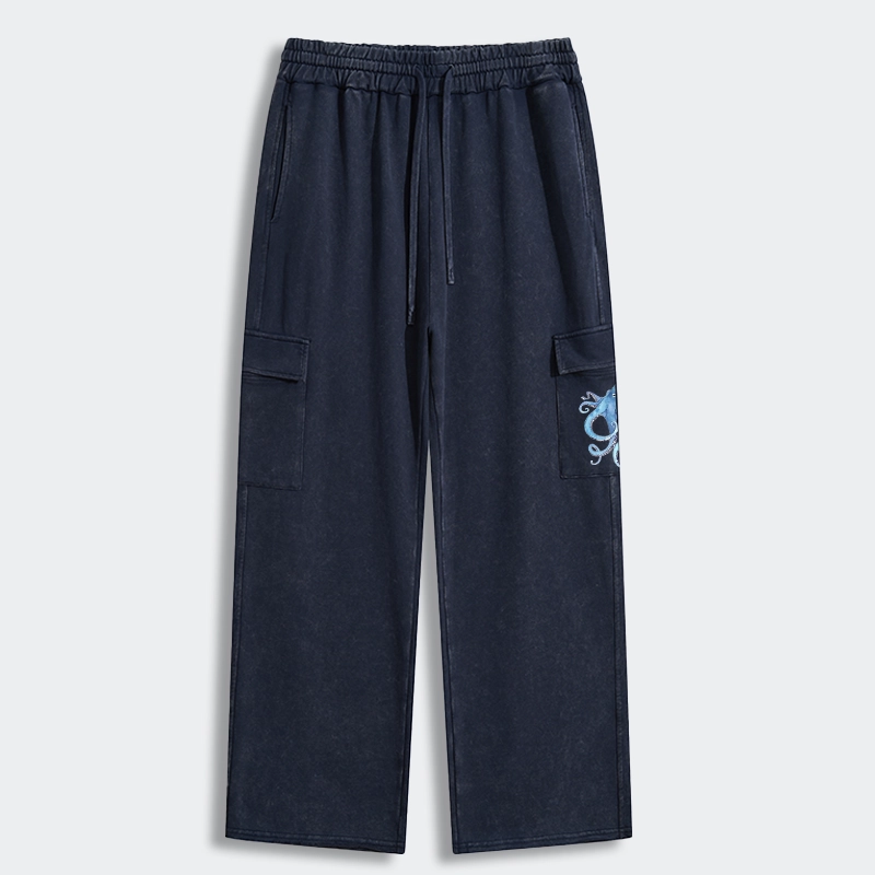 Tokyo-Tiger Watercolor Blue Octopus Washed Utility Sweatpants