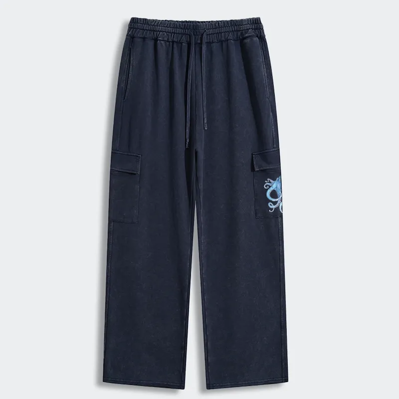 Tokyo-Tiger Watercolor Blue Octopus Washed Utility Sweatpants
