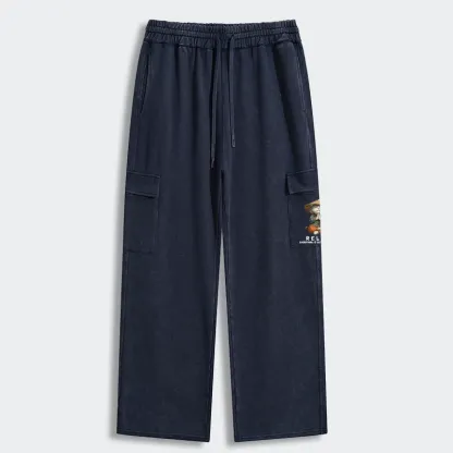 Tokyo-Tiger Zen Relax Cat Graphic Washed Utility Sweatpants
