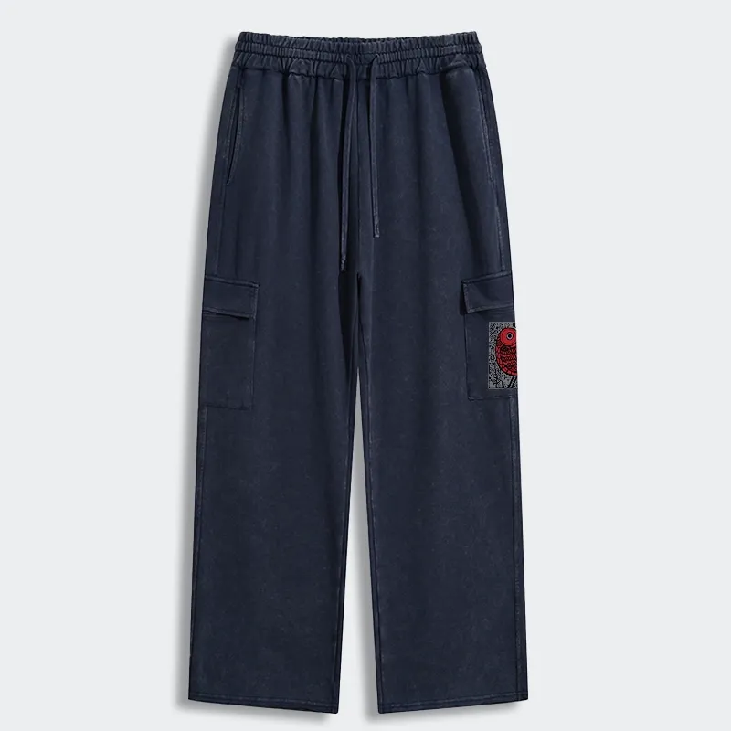 Tokyo-Tiger Retro Woodblock Bird Washed Utility Sweatpants