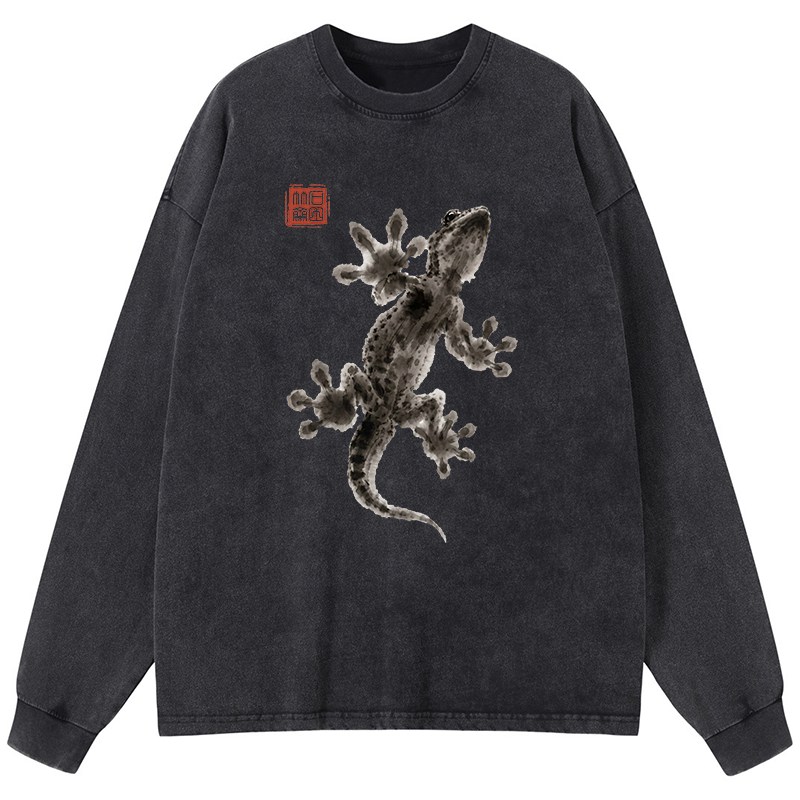 Tokyo-Tiger Minimal Asian Ink Brush Gecko Vibe Washed Long Sleeve T-Shirt