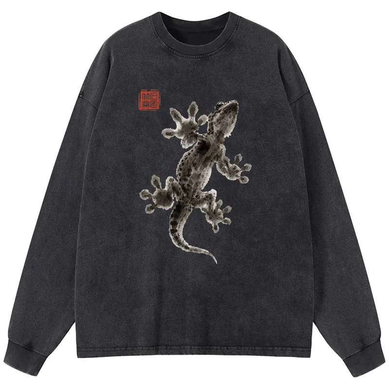 Tokyo-Tiger Minimal Asian Ink Brush Gecko Vibe Washed Long Sleeve T-Shirt Sale