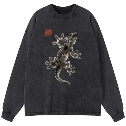 Tokyo-Tiger Minimal Asian Ink Brush Gecko Vibe Washed Long Sleeve T-Shirt