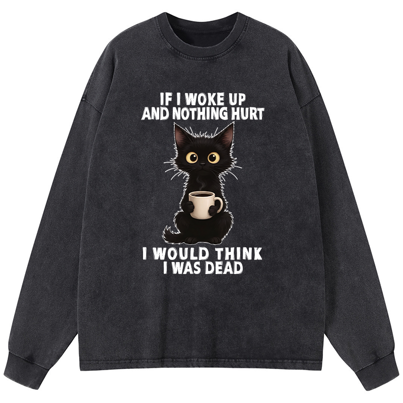 Tokyo-Tiger Funny Cute Black Cat And Coffee Meme Washed Long Sleeve T-Shirt