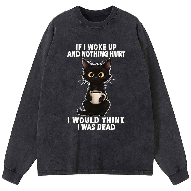 Tokyo-Tiger Funny Cute Black Cat And Coffee Meme Washed Long Sleeve T-Shirt