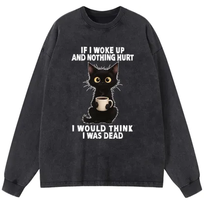 Tokyo-Tiger Funny Cute Black Cat And Coffee Meme Washed Long Sleeve T-Shirt