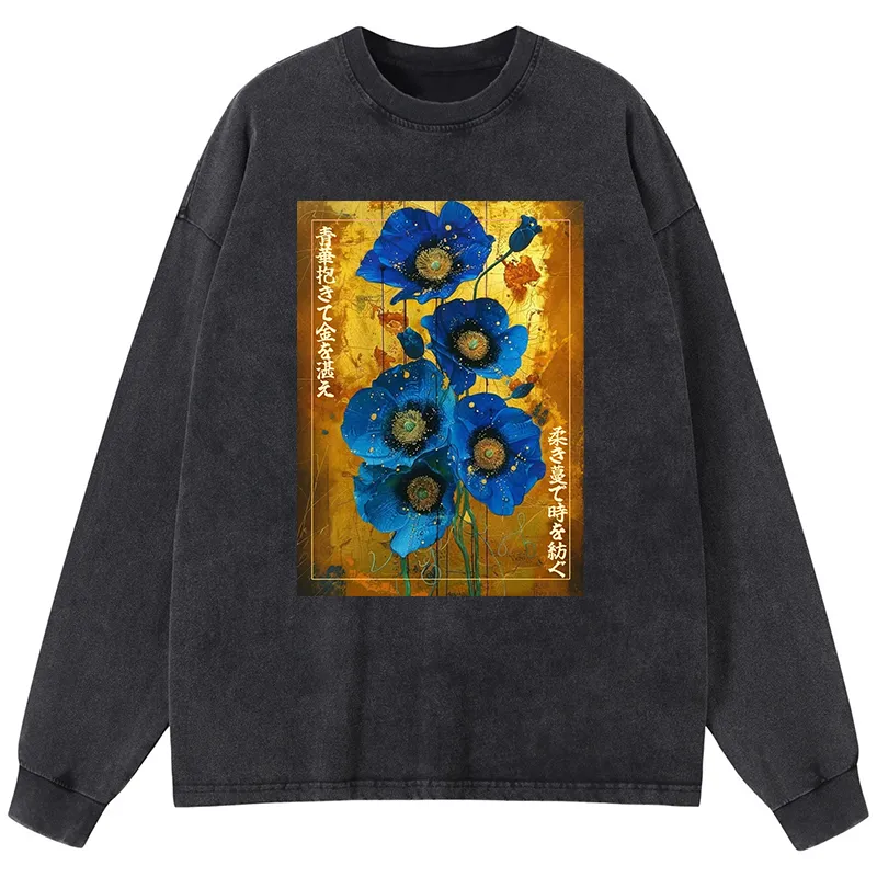 Tokyo-Tiger Shiny Blue Flower Warm Golden Background Washed Long Sleeve T-Shirt