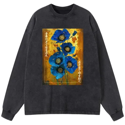 Tokyo-Tiger Shiny Blue Flower Warm Golden Background Washed Long Sleeve T-Shirt