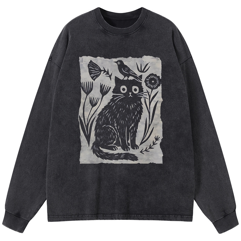 Tokyo-Tiger Folk Paper Cut Cat Bird Floral Art Washed Long Sleeve T-Shirt