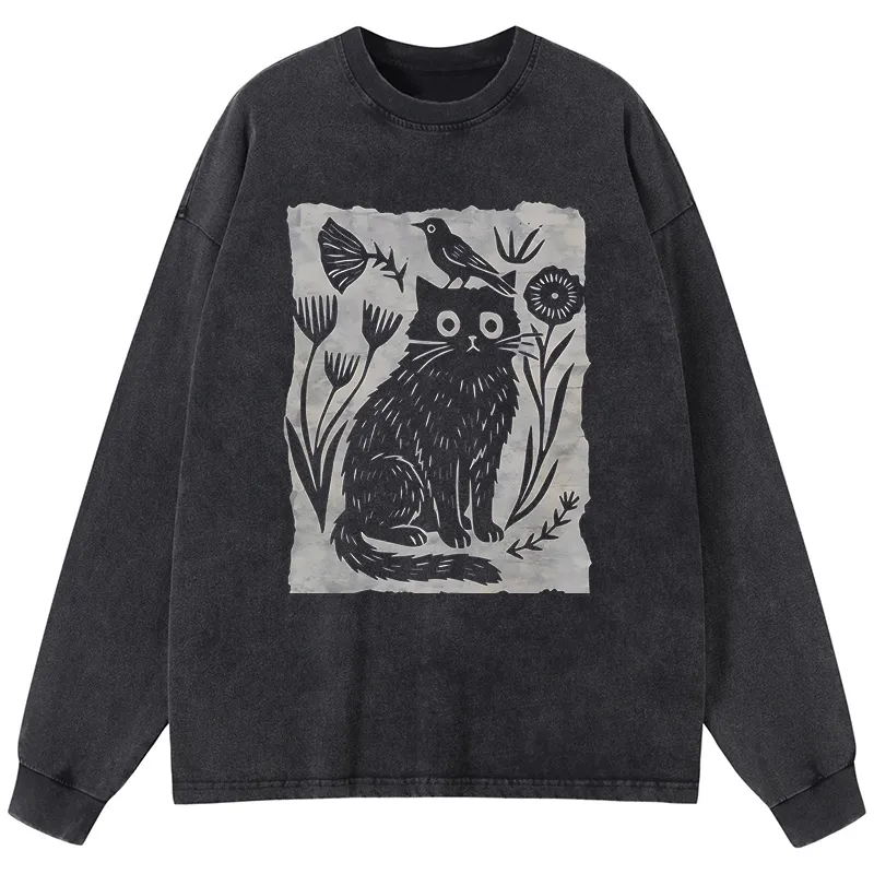 Tokyo-Tiger Folk Paper Cut Cat Bird Floral Art Washed Long Sleeve T-Shirt