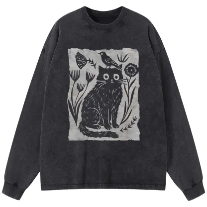 Tokyo-Tiger Folk Paper Cut Cat Bird Floral Art Washed Long Sleeve T-Shirt