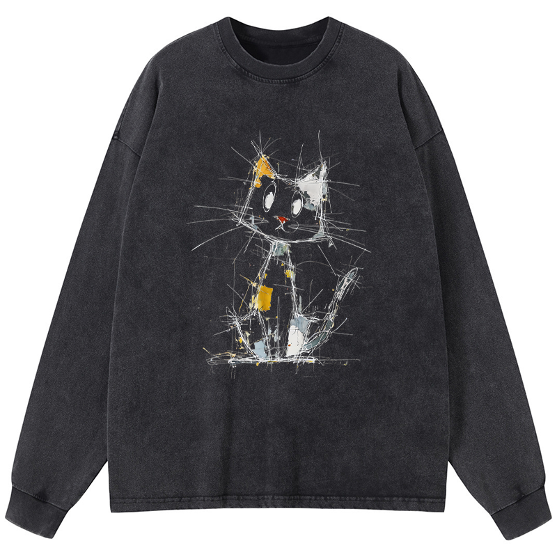 Tokyo-Tiger Minimal Splash Ink Cute Cat Washed Long Sleeve T-Shirt