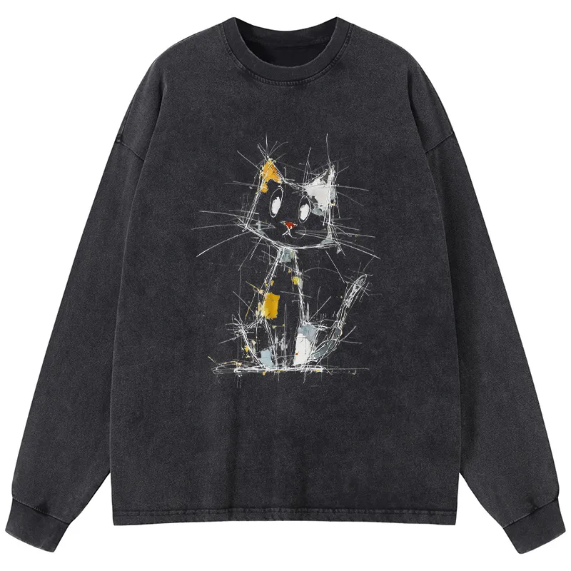 Tokyo-Tiger Minimal Splash Ink Cute Cat Washed Long Sleeve T-Shirt