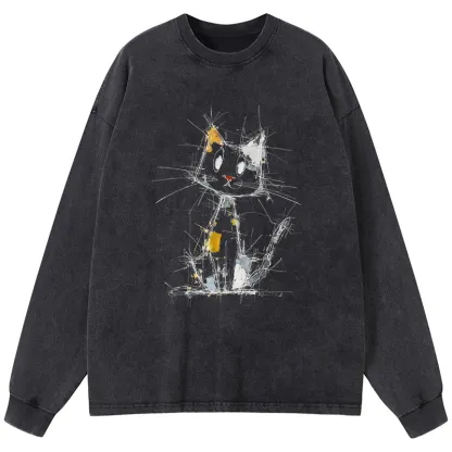 Tokyo-Tiger Minimal Splash Ink Cute Cat Washed Long Sleeve T-Shirt