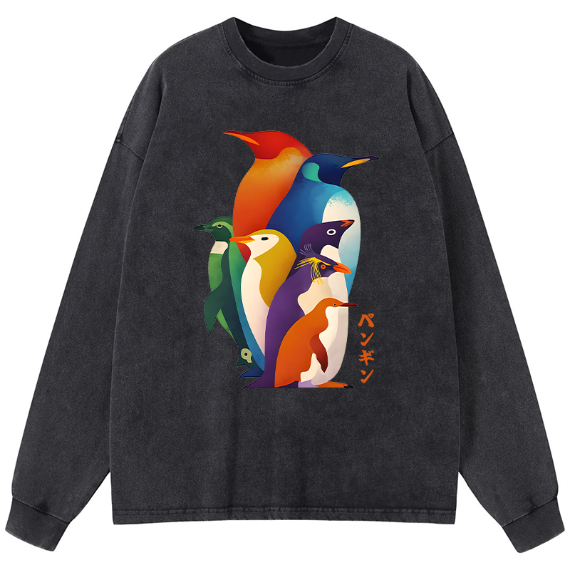 Tokyo-Tiger Cute Multi Tone Penguins Washed Long Sleeve T-Shirt