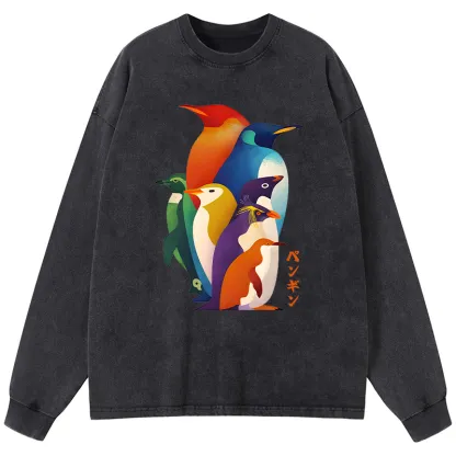Tokyo-Tiger Cute Multi Tone Penguins Washed Long Sleeve T-Shirt