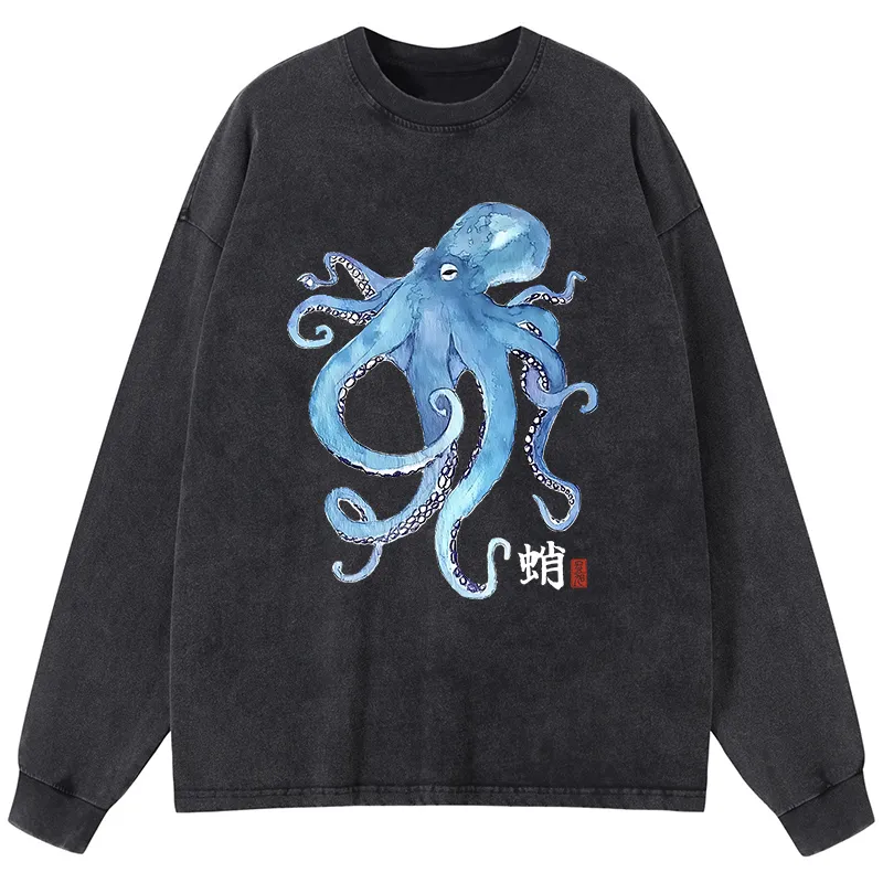 Tokyo-Tiger Watercolor Blue Octopus Washed Long Sleeve T-Shirt