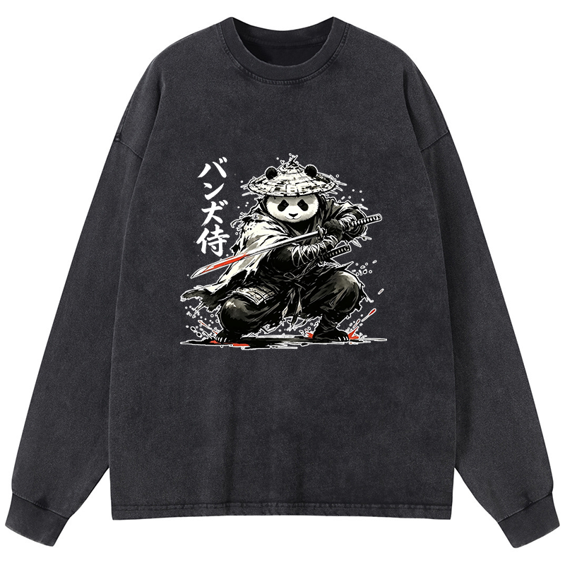 Tokyo-Tiger Panda Samurai Warrior Washed Long Sleeve T-Shirt