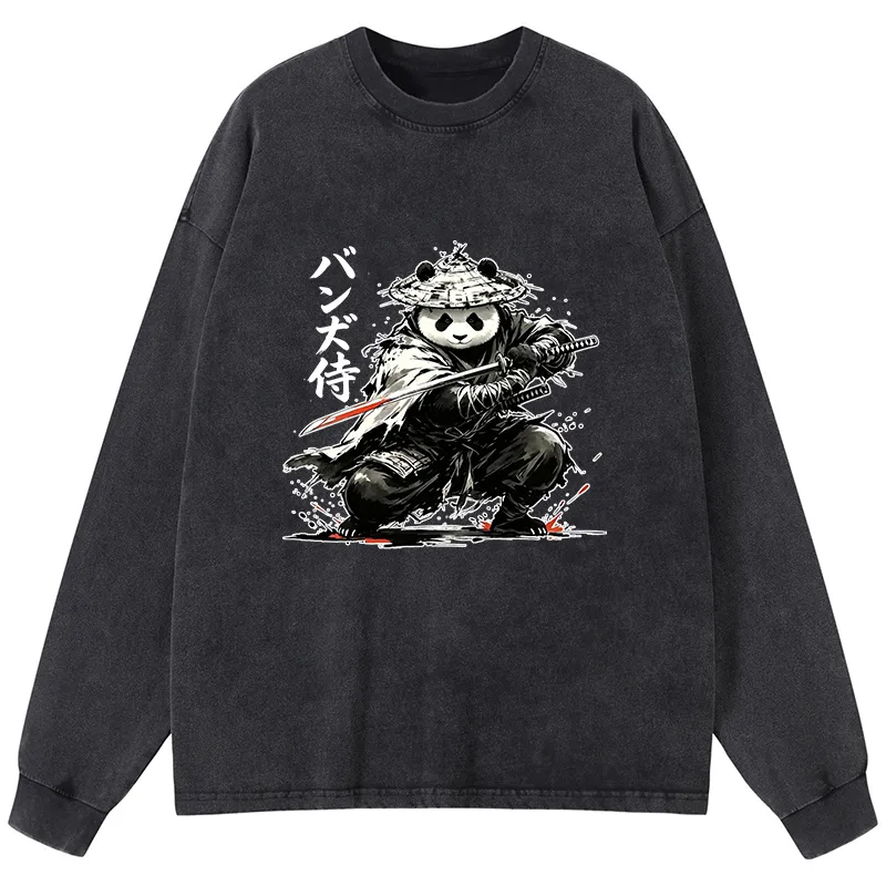 Tokyo-Tiger Panda Samurai Warrior Washed Long Sleeve T-Shirt