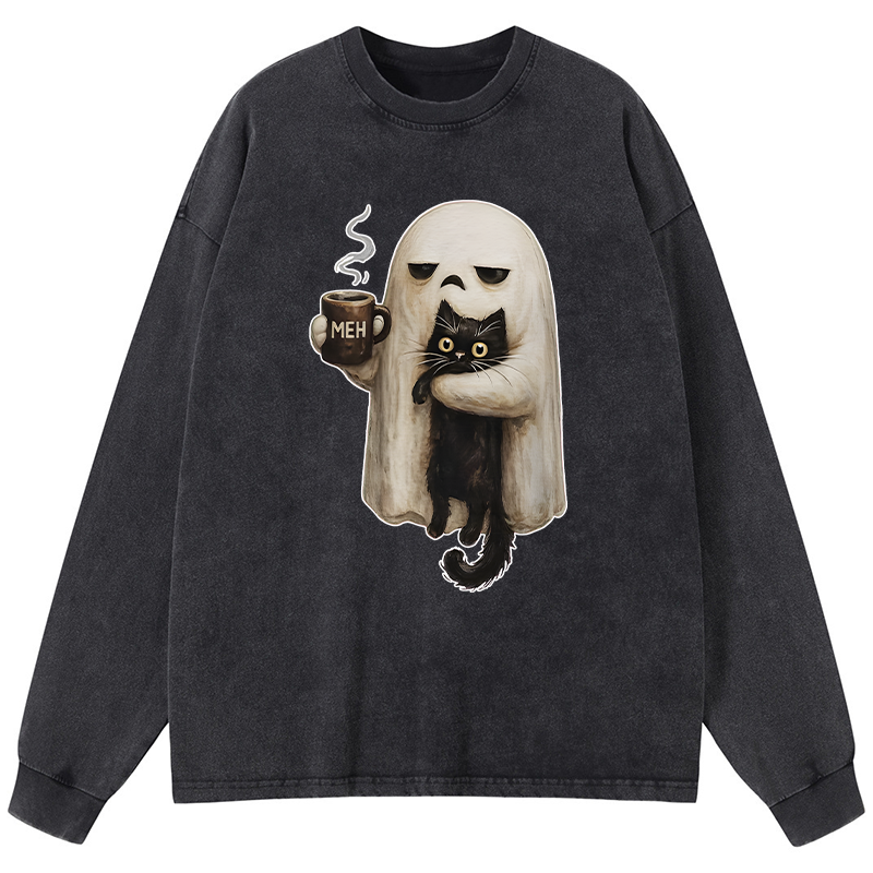 Tokyo-Tiger Ghost Cat Coffee Mood Washed Long Sleeve T-Shirt