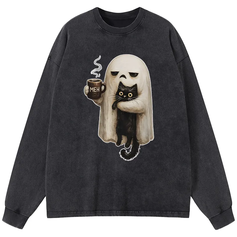Tokyo-Tiger Ghost Cat Coffee Mood Washed Long Sleeve T-Shirt