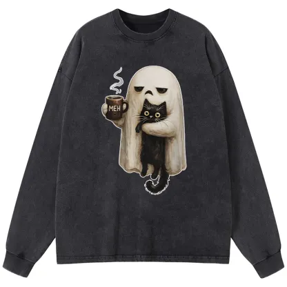 Tokyo-Tiger Ghost Cat Coffee Mood Washed Long Sleeve T-Shirt