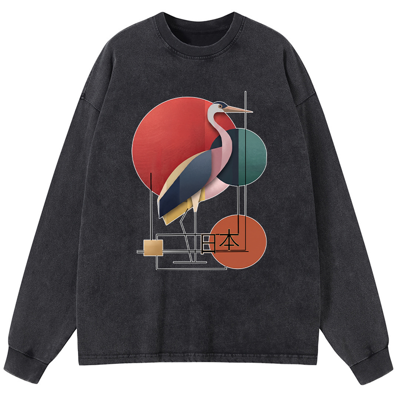 Tokyo-Tiger Geometric Crane Art Washed Long Sleeve T-Shirt