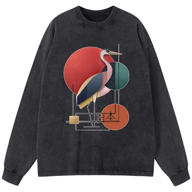 Tokyo-Tiger Geometric Crane Art Washed Long Sleeve T-Shirt