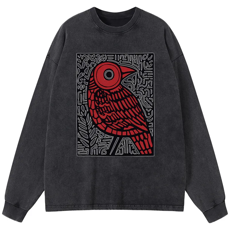 Tokyo-Tiger Retro Woodblock Bird Washed Long Sleeve T-Shirt