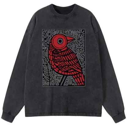 Tokyo-Tiger Retro Woodblock Bird Washed Long Sleeve T-Shirt