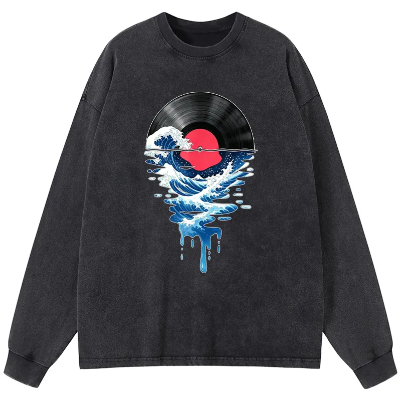 Tokyo-Tiger Vinyl Records And Waves Washed Long Sleeve T-Shirt